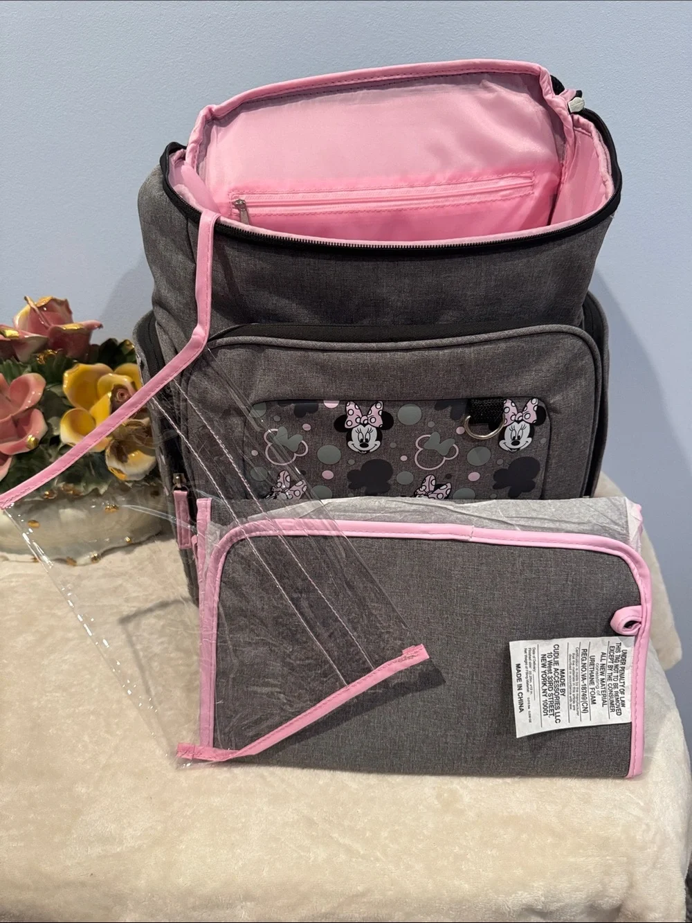 Disney Baby Minnie Mouse Jartop Diaper Backpack in gray and pink, NWOT